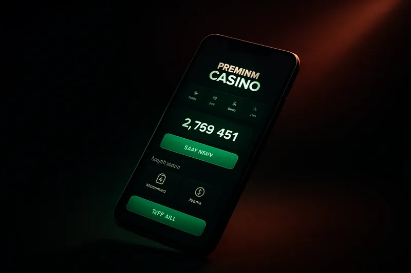 Modern smartphone showing dark premium casino app UI with green accents