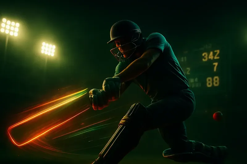 Cricket athlete sprinting with neon speed trail under stadium floodlights