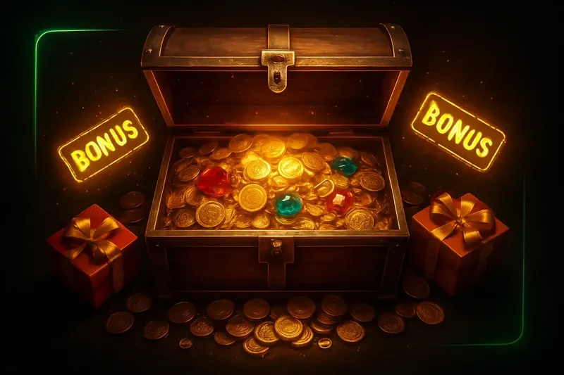 Golden treasure chest bursting with coins, gems, gift boxes, and bonus tags