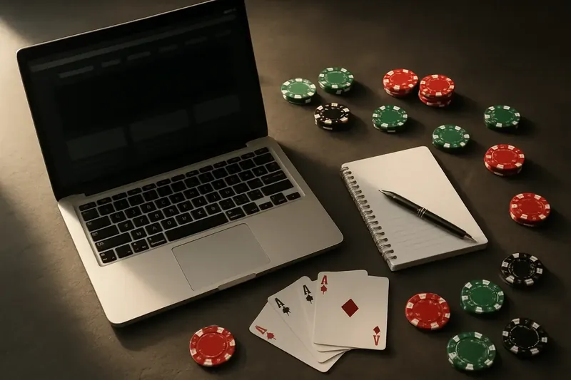 Flat lay laptop with casino chips, cards, and notepad on slate