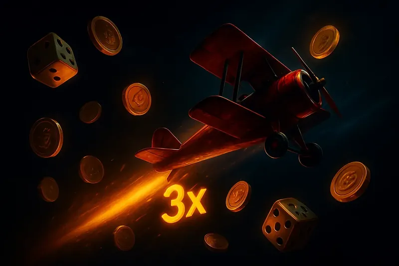 Red airplane rising with glowing multiplier trail, coins and dice floating