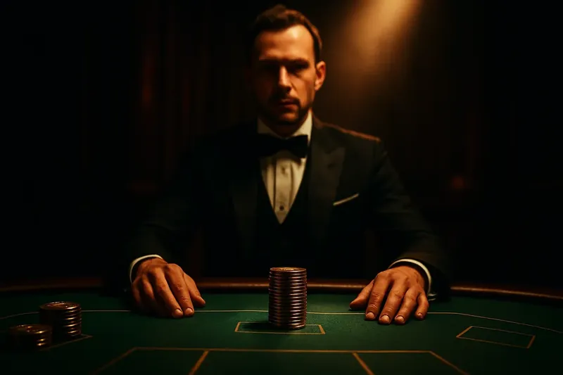 Professional dealer behind green felt table with golden chips under spotlight