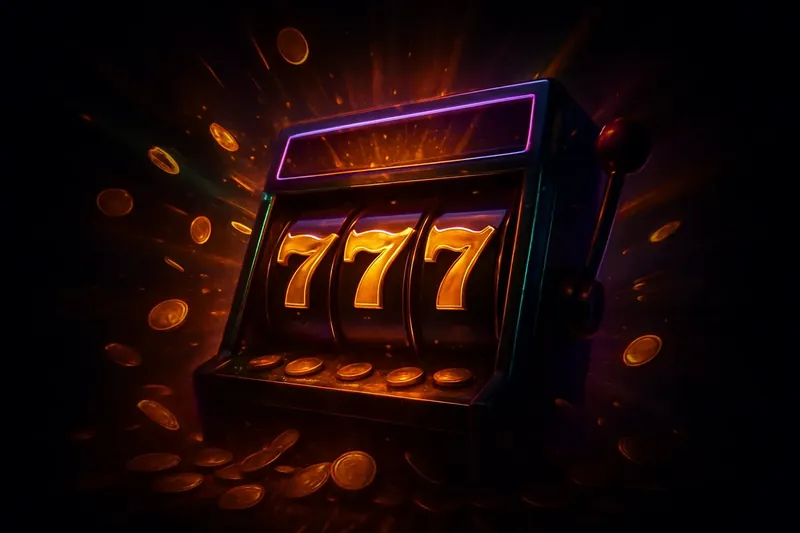 Slot machine jackpot with golden 777 symbols, coins, and neon light beams